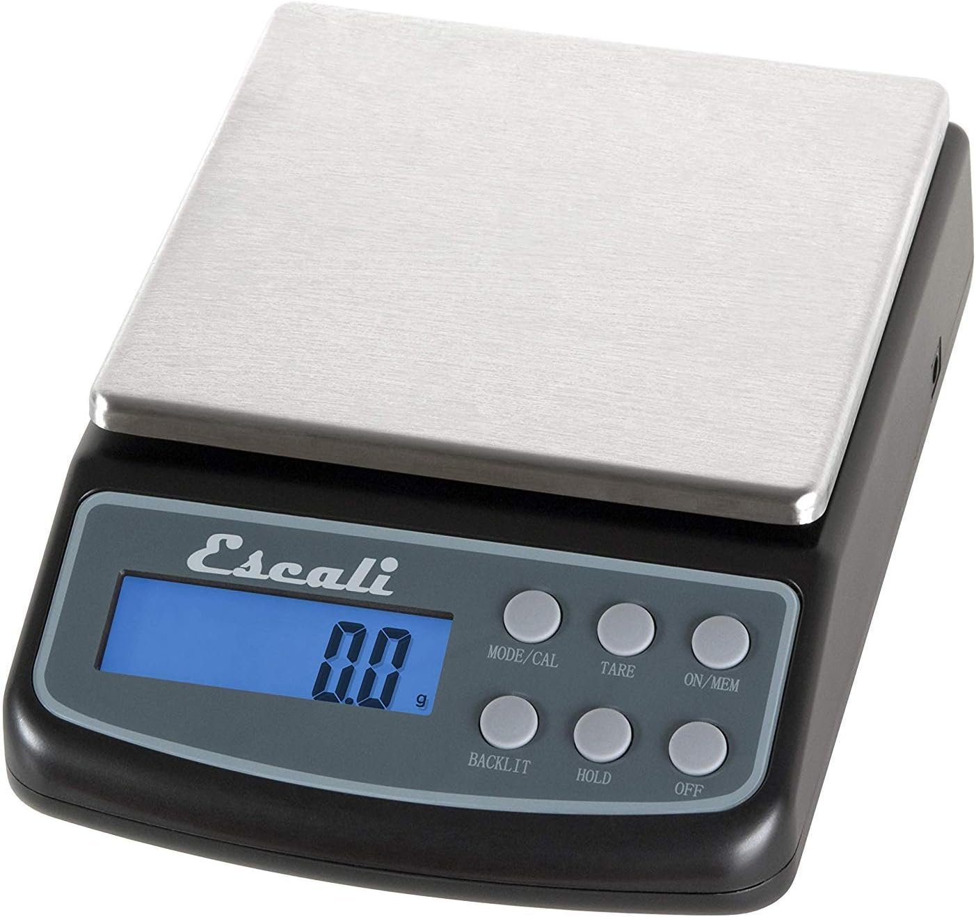 A digital kitchen scale displaying a weight of 0 gram. The scale has a sleek, modern design with a stainless steel platform and a clear digital display. The surrounding area includes various kitchen utensils and ingredients, such as measuring spoons and a bowl of flour. The background is a clean, bright kitchen countertop.